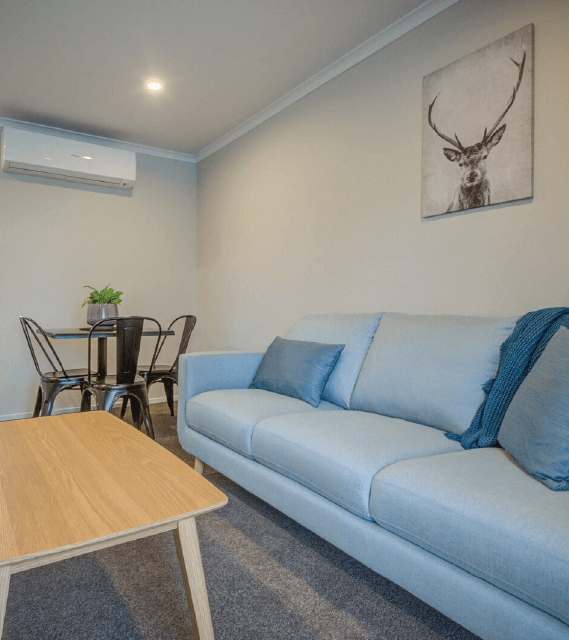 Light blue coloured lounge suite with deer picture above it hanging on the wall.